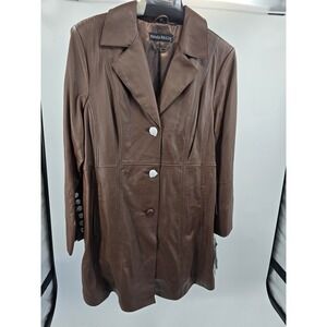 Pamela McCoy Brown Genuine Leather Car Coat Jacket Womens 1X NWT Long Blazer